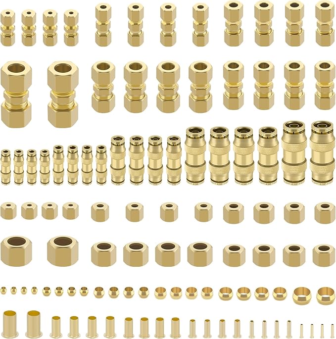 178 Pcs DOT Quick Push to Connect Fittings Straight Union & Brass Compression Tube Fittings 1/8" 5/32"1/4"5/16"3/8" 1/2" Air Line Fittings Push Lock Air Hose Fittings with Compression Union