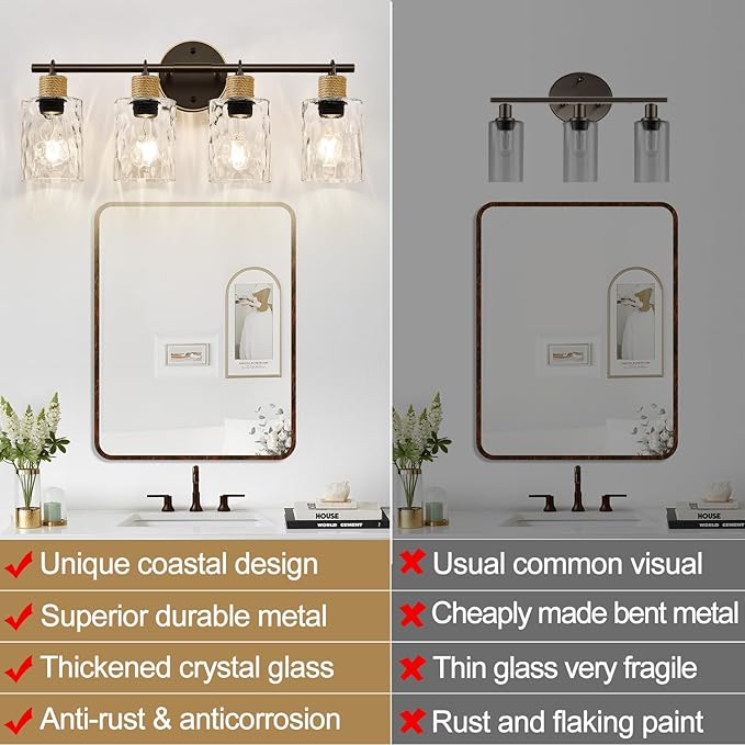 2025 Upgrade Bathroom Light Fixtures, 4-Light Coastal Vanity Lights with Crystal Glass Shade, Oil-Rubbed Bronze Bathroom Wall Lamp for Mirror Kitchen Hallway Cabinet