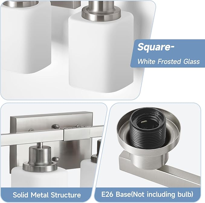 6-Light Bathroom Vanity Light,Brushed Nickel Vanity Lights with Square Frosted Glass,Modern Bathroom Wall Lights Fixtures Over Mirror,Wall Sconces Lighting for Bedroom Living Room,E26