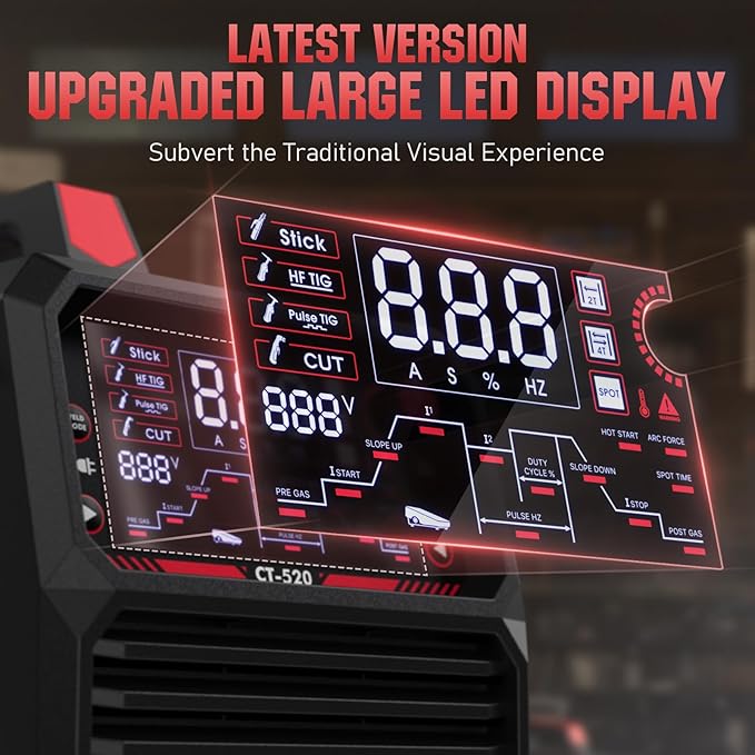 YESWELDER CT-520 Tig Welder & Plasma Cutter, 5-In-1 CUT/HF TIG/Pulse TIG/Spot Welding/Stick, 200A TIG and Stick & 50A Plasma Cutting, 110/220V Dual Voltage Multifunctional Welding Machine