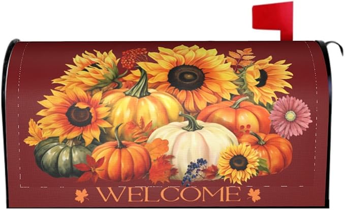 Autumn Pumpkin Thanksgiving Mailbox Cover Magnetic Fall Sunflower Maple Leaf Mailbox Cover Standard Size 21 x 18 Inch Farmhouse Rustic Welcome Post Box Cover Wraps Garden Yard Home Decor for Outdoor