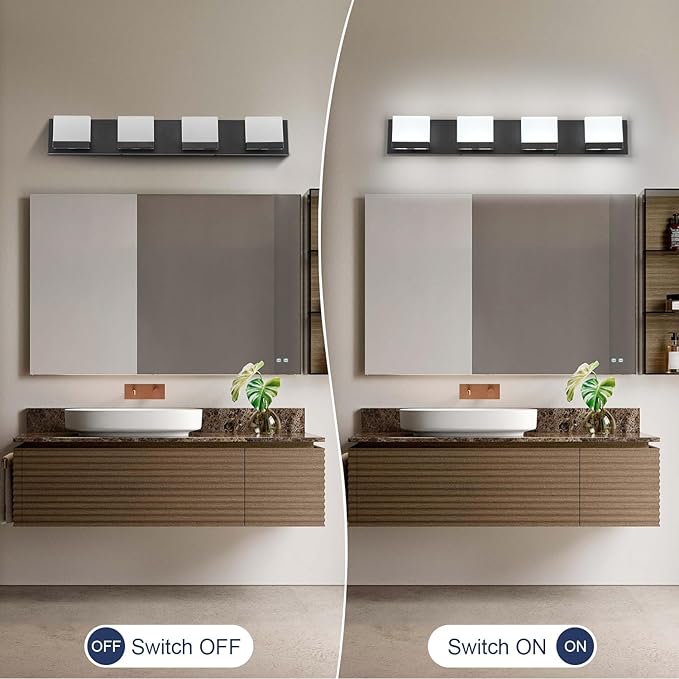 SineRise LED Modern Bathroom Vanity Light Fixtures (4-Light, 30-Inch,6000K), Matte Black Modern Acrylic Bathroom Wall Lighting Fixtures Over Mirror