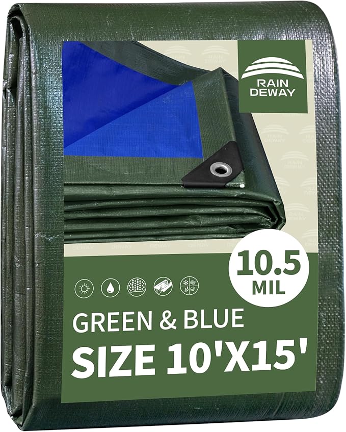 RAINDEWAY Tarps Heavy Duty Waterproof 10x15 Feet,10.5 Mil Waterproof Tarps for Outdoors,Multipurpose Poly Tarp Cover with Metal Grommets and Reinforced Edges,Green/Blue