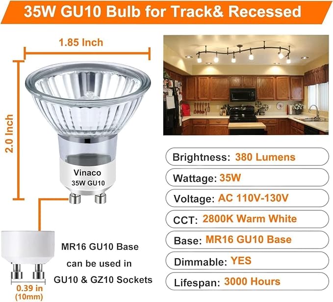Vinaco GU10 Bulb, 6 Pack Halogen 120V 35W, Dimmable, MR16 GU10 Light Bulb with Long Lasting Lifespan, gu10+c for Track&Recessed Lighting, Gu10 Base Bulb, 35W MR16/FL/GU10, Warm White