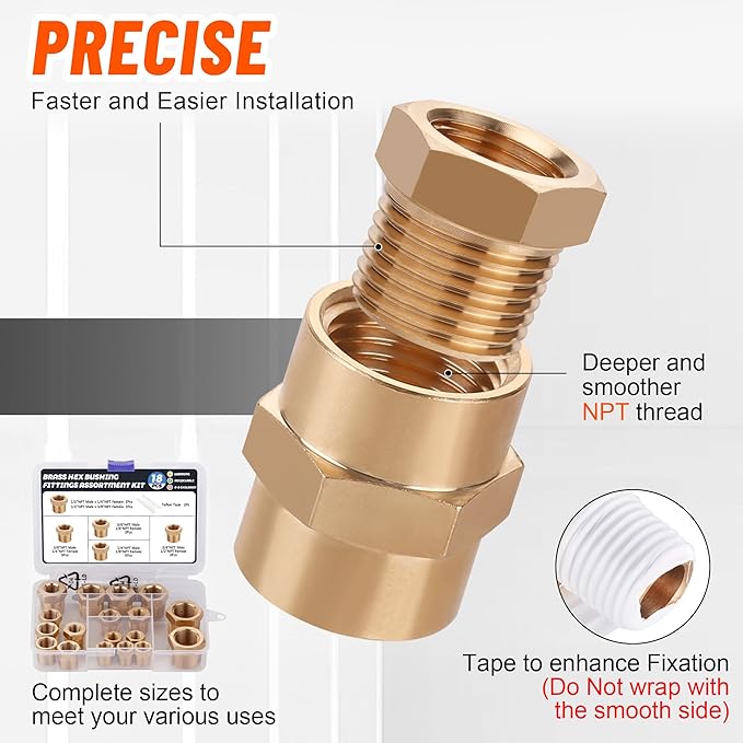 18PCS Brass Hex Bushing Fitting Kit,1/4" - 1/8", 3/8" - 1/8",3/8" - 1/4",1/2" - 1/4",1/2" - 3/8",3/4" - 1/2" NPT Pipe Fittings