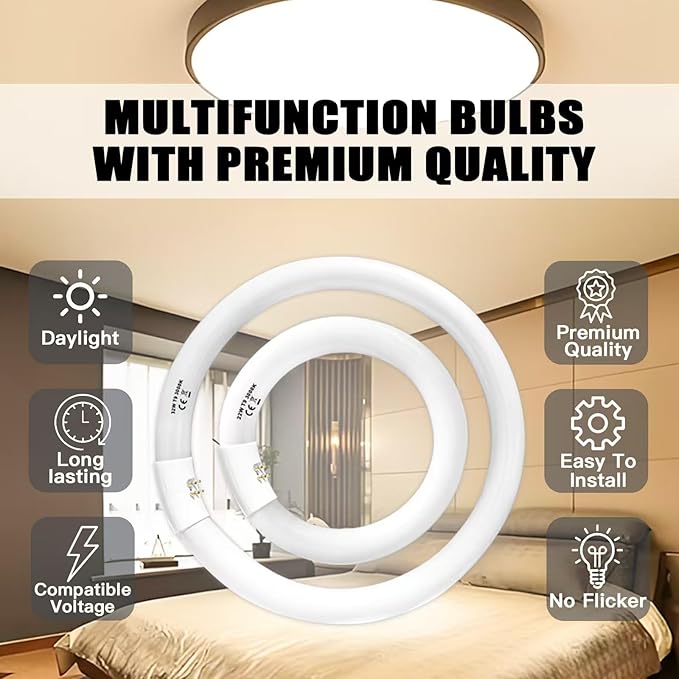 FC12T9/WW 32 Watt and FC8T9/KB 22W Set, 8 inch T9 22W and 12'' 32W Circular Fluorescent Light Bulbs Warm White, Circle Light Bulb 3000K, FC12T8/WW 3500 Lumen G10Q Base