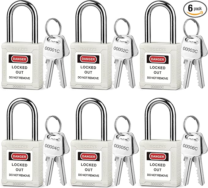 Lockout Tagout Locks 6-Pack｜OSHA White Loto Locks Keyed Different｜2 Keys/Lock for Industrial Machinery & Electrical Panels｜Chrome Steel & Laser Coding