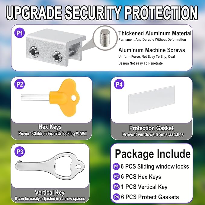 Window Locks,(2 Sets) Sliding Window Locks with Key,Window Locks Security for Up and Down Windows,Adjustable Aluminum Window Stopper,Easv to Install Vertical Window AC Unit Security Lock (Silver)