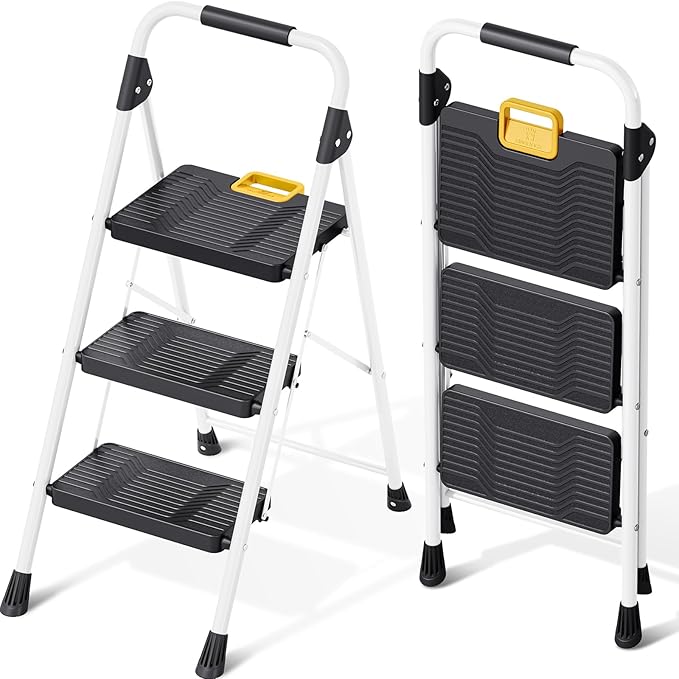KINGRACK 3 Step Folding Ladder, 800lbs Capacity Step Stool with Safety Lock, Non-Skid Wide Pedals, and Handrail, Lightweight, Household Ladder for Home, Kitchen, Pantry, Closets, and Office Use, White