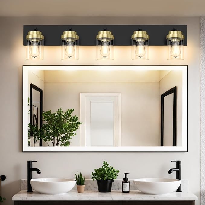 IZORRO Bathroom Vanity Light Fixture, 5-Light 36 Inch Black and Gold Bathroom Light Fixtures Over Mirror, with Clear Glass Shade, Modern Farmhouse Vanity Lights, Rustic Restroom Lighting Fixtures