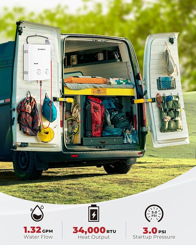 CAMPLUX Tankless Water Heater Outdoor, 1.32 GPM Portable Propane Camping Water Heater, 5L, AY132, White