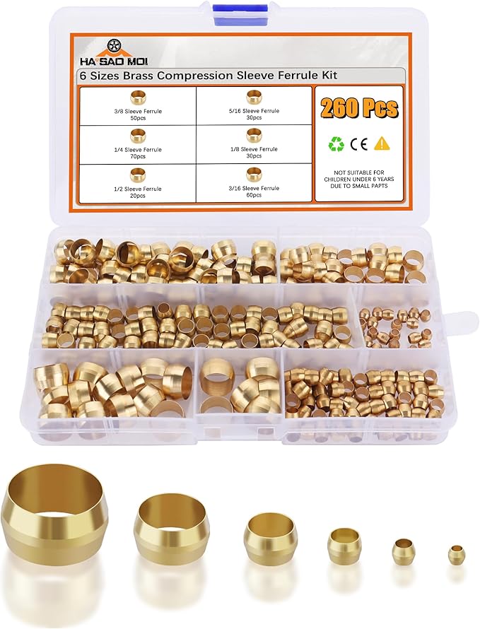 260PCS Compression sleeve ferrule kit - 6 Sizes (1/4", 3/8", 5/16", 1/2", 3/16", 1/8") of Brass Compression Sleeve Ferrule, Connect Lines for Air,Water,Fuel,Oil and Inert Gases