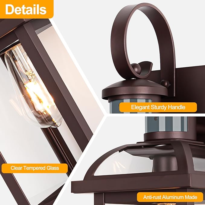 Motion Sensor Outdoor Lights Dusk to Dawn, 19 Inch Enclosed Bottom Anti-Rust Aluminum Oil Rubbed Bronze Porch Lighting Large Exterior Light Fixtures 2 Pack Outdoor Coach Lights for House