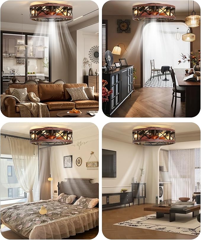 19'' Caged Ceiling Fans with Lights and Remote, Fandelier Ceiling Fan with Light, 6 Speeds and Reversible, Low Profile Ceiling Fan with Light for Bedroom, Living Room and Kitchen