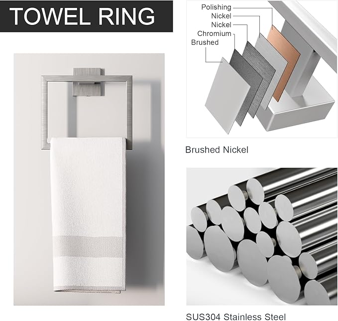 5-Pieces Bathroom Hardware Set, SUS304 Stainless Steel Wall Mounted 16 Inch Hand Towel Bar, Toilet Paper Holder, Towel Ring, Towel Hooks, Bathroom Towel Bar Set, Brushed Nickel