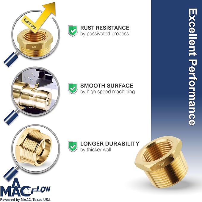 MAACFLOW brass 1" Male NPT to 1/2" Female NPT Adapter Reducer Hex Bushing (Thread OD1.27" - ID 0.72") (Pack of 1)