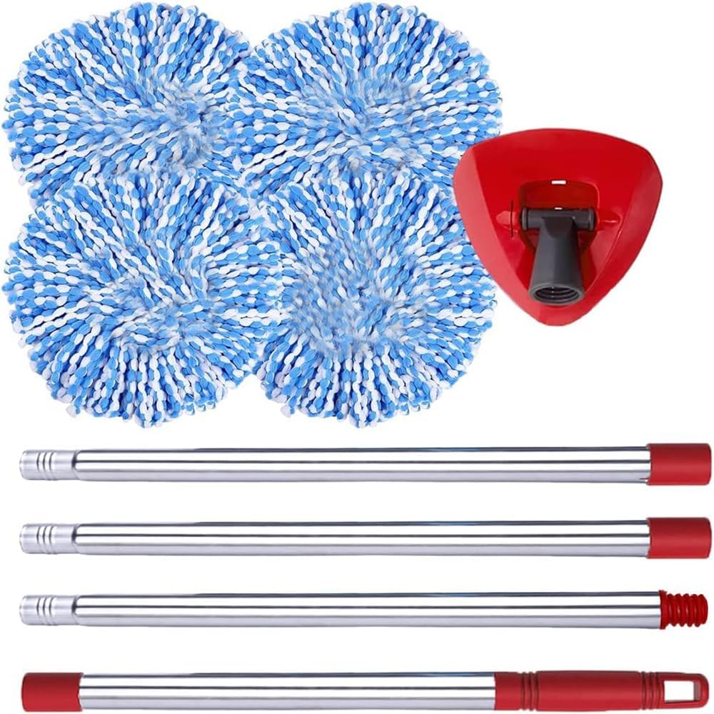 Spin Mop Replace Head, Base, Handle Compatible with O Cedar EasyWring RinseClean Microfiber Spin Mop, 4 Microfiber Mop Refills, 1 Triangle Mop Base and 58in Mop Handle (Blue (2-Tank System))