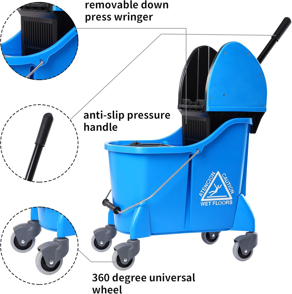 Mop Bucket with Wringer,Mop Bucket Separate Dirty Water for Floor Cleaning,Commercial Mop Buckets on Wheels,Blue