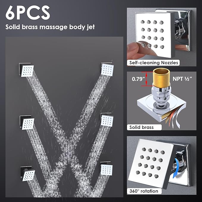 Enga Shower Body Jet System 12 Inch Ceiling Mounted Rainfall Shower Head with 6 Body Sprays and Handshower, Brass Shower Faucet Rough-in Mixer Valve, Chrome