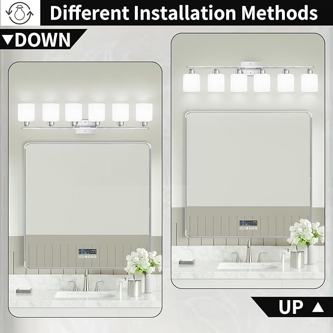 Brushed Nickel Vanity Light for Large Mirror, 6 Light Bathroom Lighting Fixtures Over Mirror with Milky White Frosted Glass Shades, 38 inch Bathroom Light for Mirrors, E26 Socket