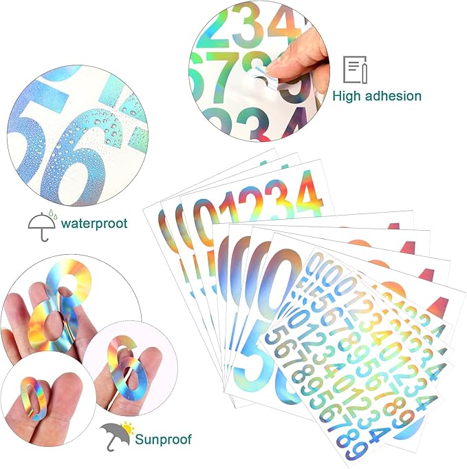 Leinuosen 260 Pcs Back to School Gifts Mailbox Numbers Stickers Adhesive Numbers for Outside Reflective Vinyl Waterproof Address Sticker for Mailbox Signs, Classroom, 1&2&3 Inch(Rainbow Silver)