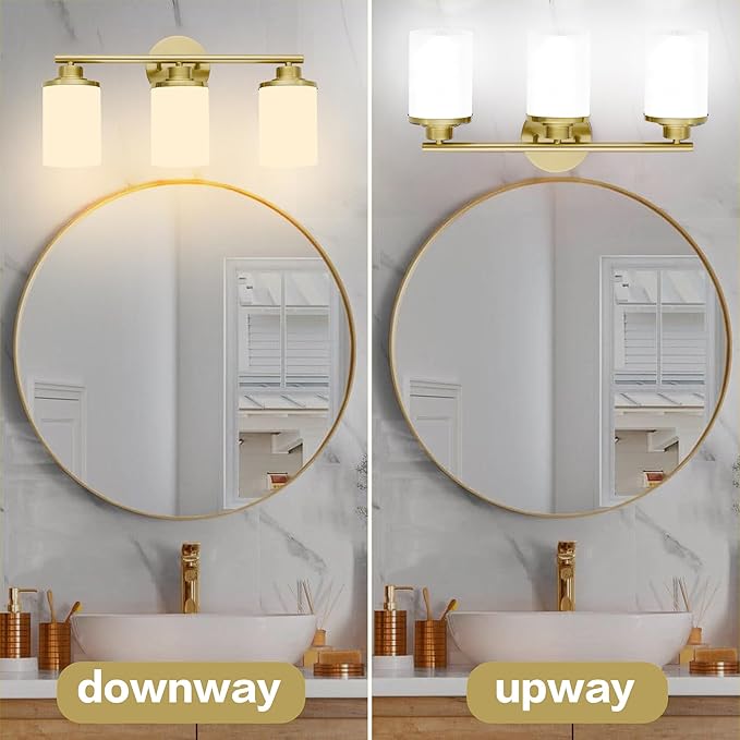 Brushed Gold Bathroom Light Fixtures, 3-Light Gold Vanity Lights with Frosted Glass Shades, Mid-Century Modern Wall Sconces for Living Room