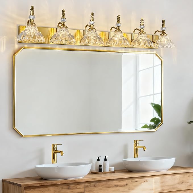 Vintage Bathroom Vanity Light, 6-Light Gold Vanity Lighting Fixture with Flower Glass Shade, Bathroom Lighting Fixtures Over Mirror