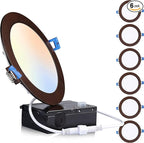 Cloudy Bay 6 inch 3000K/ 4000K/ 5000K Three Color Temperature Selectable,Dimmable 15W CRI90+,Ultra Thin LED Recessed Light with Junction Box,IC Rated, Canless Wafer Downlight, Oil Rubbed Bronze,6 Pack