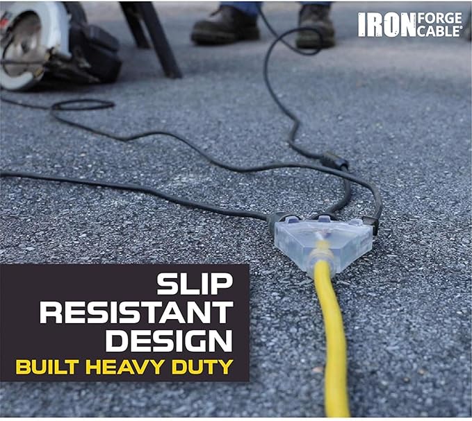 Iron Forge Cable 10 Gauge 3ft Lighted Outdoor Heavy Duty Extension Cord with 3 Outlets - 15 Amp 10/3 SJTW Yellow Extension Cord with Multiple Outlets