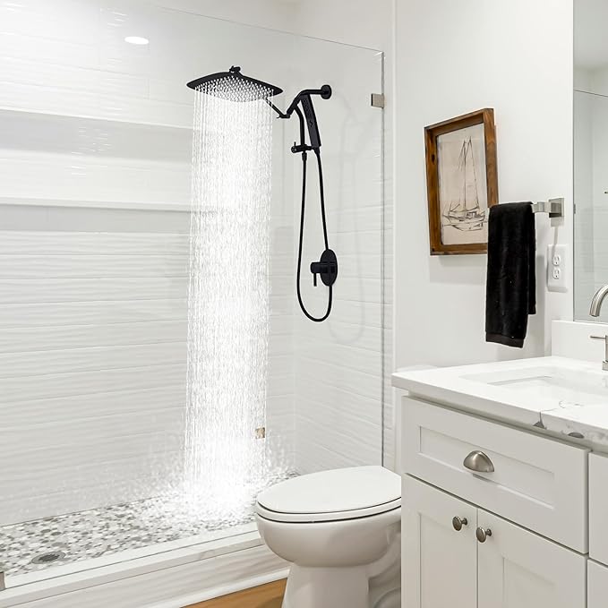 G-Promise All Metal 14 Inch Shower Head with Massage Mode Handheld, Rain Shower Head with Handheld Spray Combo, 3-Way Diverter with Pause Setting, 12 Inch Adjustable Extension Arm (Matte Black)