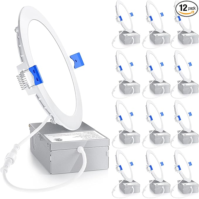 Ensenior 12 Pack 6 Inch LED Recessed Light, Dimmable, 3000K Warm White, 1200LM High Brightness, 12W 120V, 2 Pin, ERL-12X-ETL, Damp Rated, Ultra-Thin Canless Wafer Ceiling Light - ETL & FCC & IC