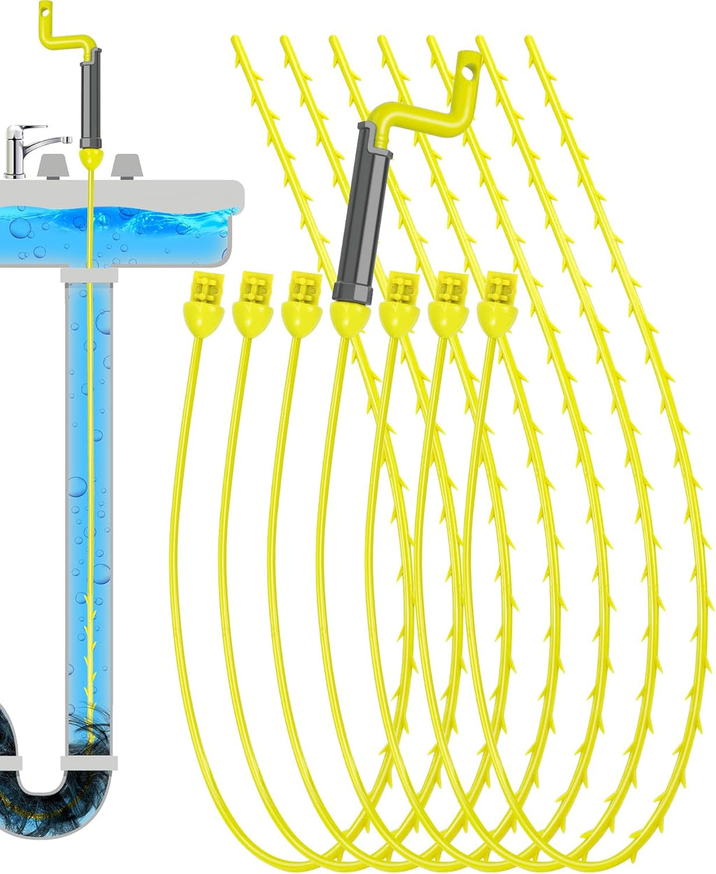 Drain Clog Remover Tool, 30 Inch Sink Snake Hair Clog Remover with Rotating Handle and 7 Wand Spares, Anti-Break Nylon Drain Hair Remover Plumbing Snake, Unclog Drain Quickly and Easily-7 Pack