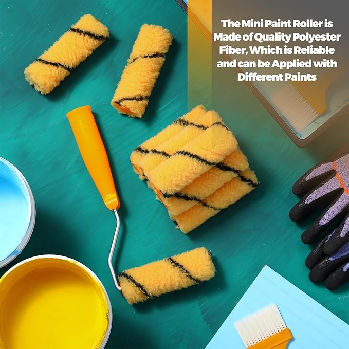 Leumoi 200 Pcs 4 Inch Mini Paint Roller Bulk Small Microfiber Roller Cover 1/2" Nap for Paint Brush for House Painting Supplies DIY Craft Home Wall Repair Tool Kit Set (Yellow Base, Black)