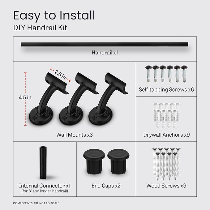 Meranti Aluminum Handrail for Indoor or Outdoor Steps and Stairs – Hand Rails for Elderly – DIY Complete Stair Railing Kit (AHR, Black Textured, 10' Length)