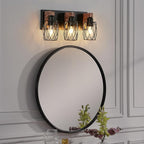 3-Light Vanity Light, Black Metal Bathroom Light Fixtures, Wall Sconce with Wood Accent, 16 inch Wide Bathroom Lighting Fixtures Over Mirror for Living Room, Bedroom, Hallway(Black, 3-Light)