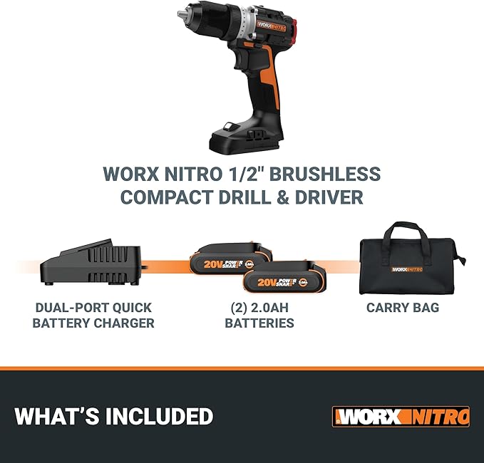 Worx Nitro 20V Cordless 1/2" Drill Driver With Brushless Motor - Compact & Lightweight Set Only 6" and 3 lbs. - Power Share Compatible WX130L - Batteries & Charger Included