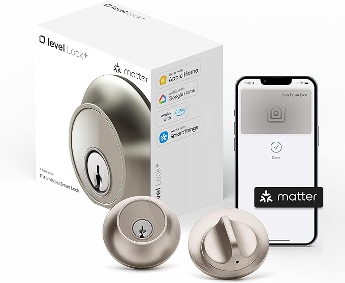 Level Lock+ (Matter) Smart Lock - World's Smallest, Most Advanced Matter-Over-Thread Deadbolt Plus Apple Home Key - Keyless and Remote Access via Apple, Alexa, Google Home, SmartThings (Satin Nickel)