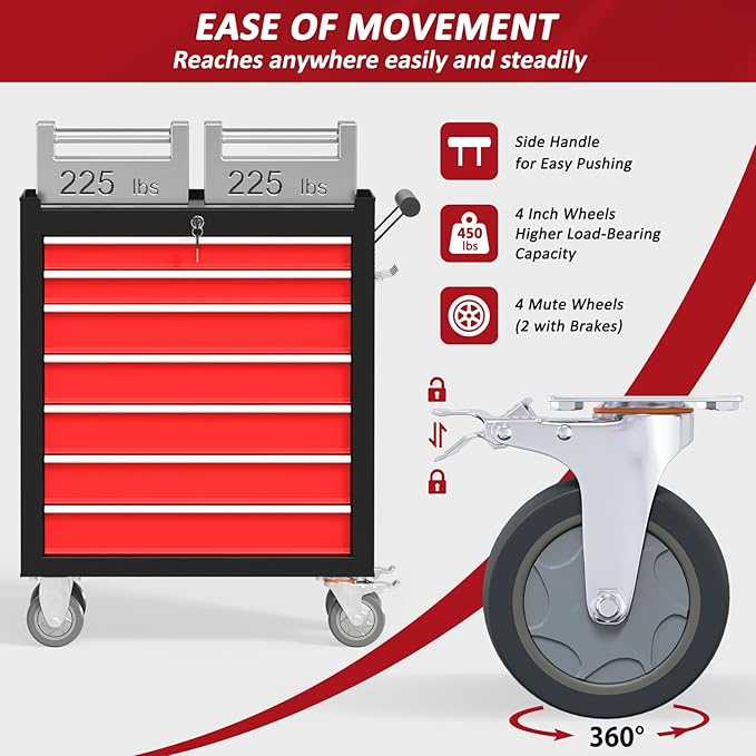 7-Drawers Rolling Tool Chest, Tool Chest with Wheels and Drawers, Rolling Box with Locking System, Tool Box with Wheels for Garage, Warehouse, Workshop (BlackRed)