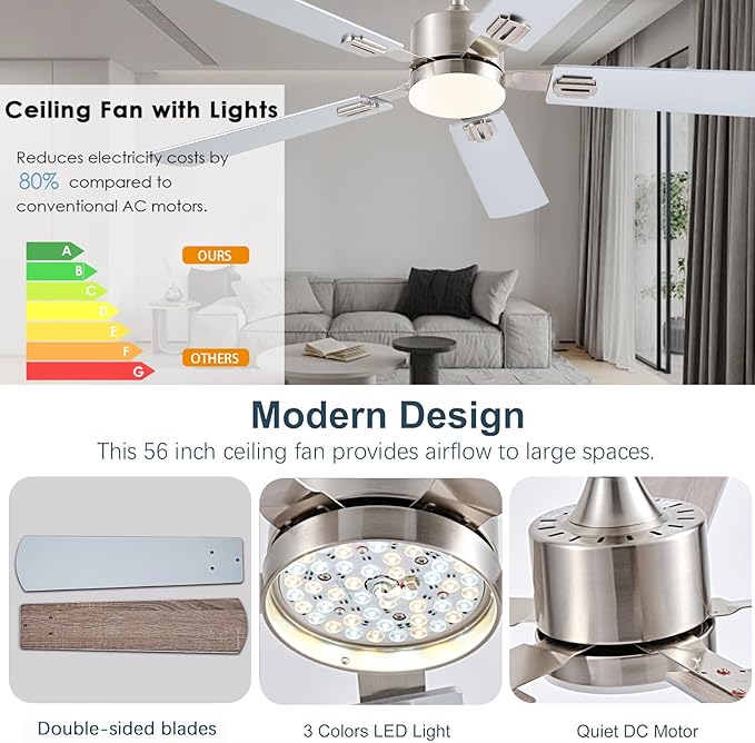 56 inch Ceiling Fans with Lights and Remote/App Control, DC Reversible Motor, Dimmable, Double-Side Blades, 6 Speeds Low Profile Modern Ceiling Fan for Livingroom, Indoor/Outdoor（Nickel）