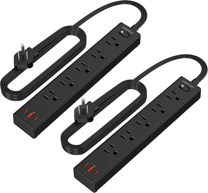 Flat Plug Power Strip, 2 Pack, 6 Ft Ultra Thin Flat Extension Cord, Surge Protector with 5 Outlets & 3 USB Ports (2 USB C Slots), 1700 Joules, 3-Prong, Wall Mount for Home Office Dorm, Black