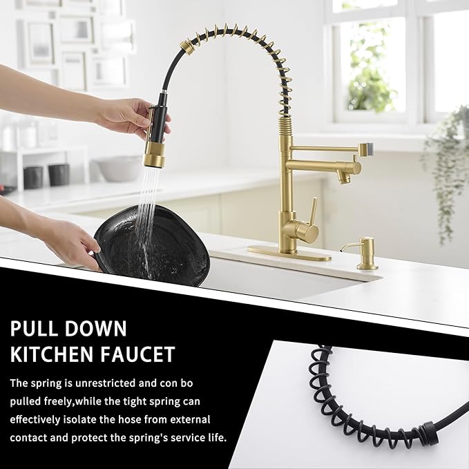 AIMADI Gold Kitchen Faucet with Soap Dispenser,Commercial Single Handle Pull Down Kitchen Faucets with Sprayer,Brushed Gold