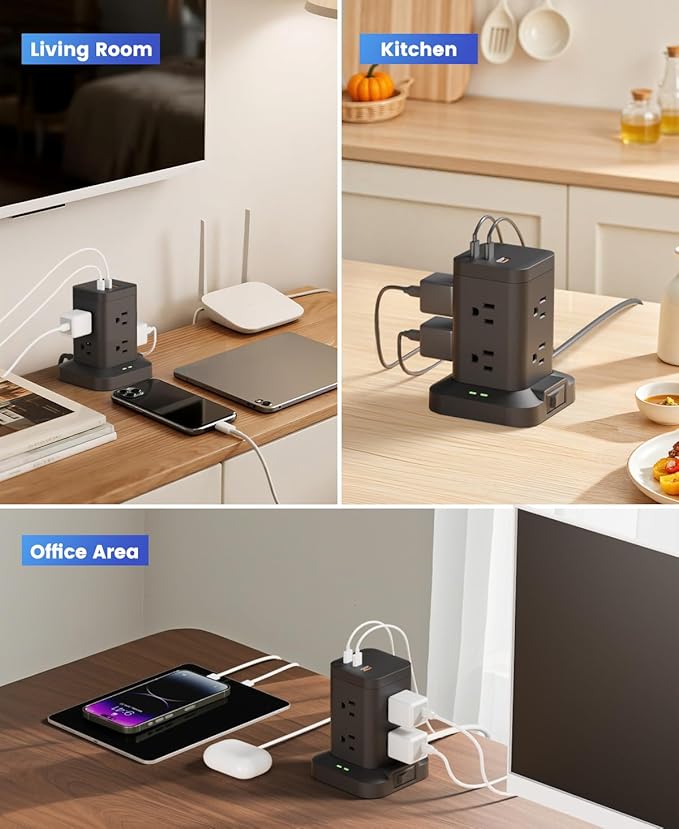 Power Strip Tower with Surge Protector 1800J, Fast Charging Tower PD20W USB-C Ports with 8 AC Outlets, 6ft Extension Cord for Home Office Dorm Room, Black