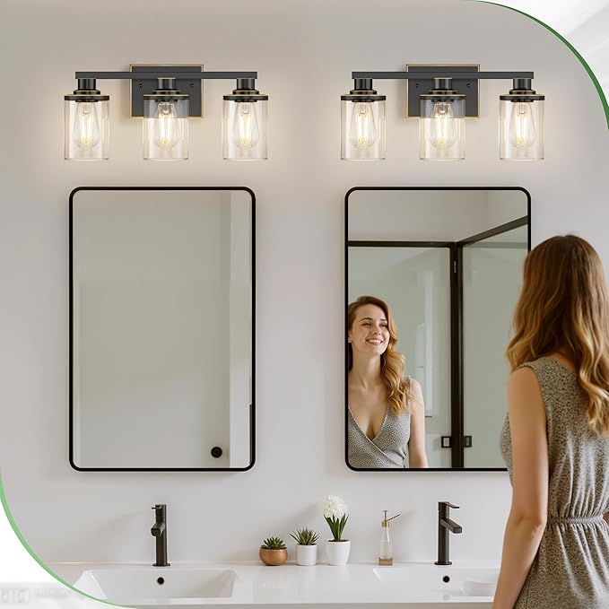 DORESshop 17 Inch Bathroom Light Fixtures, 3-Light Black with Gold Trim Bathroom Lighting Fixtures Over Mirror with Clear Glass Shade, Vanity Lights for Living Room Bedroom