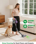 Cordless Vacuum Cleaner, Self-Standing Upright Vacuum Cleaners for Home, Powerful Suction, Anti-Tangle, Stick Vacuum Cordless Rechargeable for Hard Floors, Pet Hair, Car (Purple)