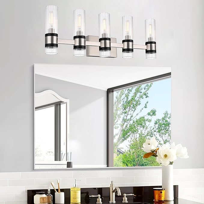 MELUCEE 5-Light Vanity Bathroom Lights, Modern Brushed Nickel Bathroom Light Fixtures Over Mirror with Ribbed Clear Glass Shade, Wall Mount Lamp for Bath Kitchen Bedroom Hallway, E12 Base