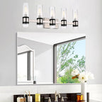 MELUCEE 5-Light Vanity Bathroom Lights, Modern Brushed Nickel Bathroom Light Fixtures Over Mirror with Ribbed Clear Glass Shade, Wall Mount Lamp for Bath Kitchen Bedroom Hallway, E12 Base