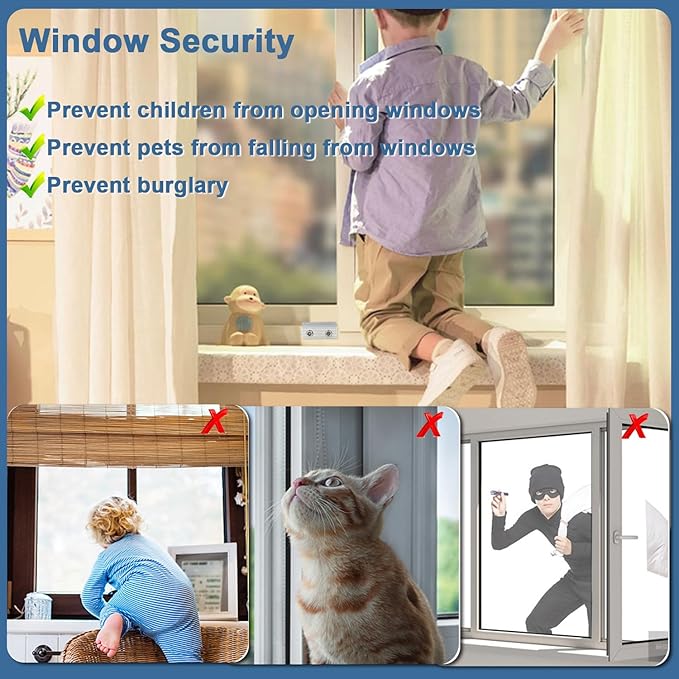 Sliding Window Locks, 4 Pack Window Locks with Key for Up and Down & Horizontal Sliding Windows Doors, Adjustable Easv to Install, Window Security for Patio Bedroom Home Office