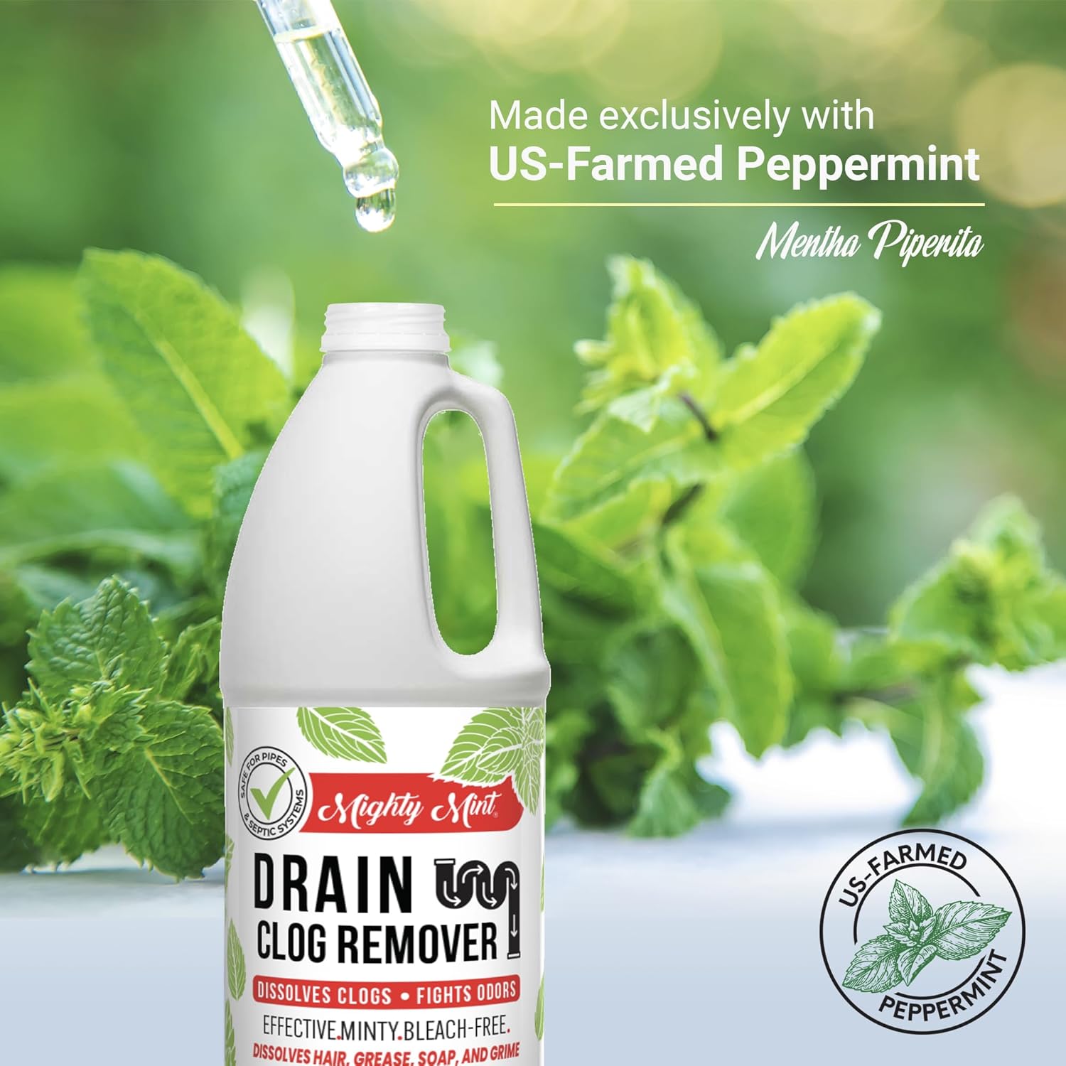 Mighty Mint Drain Clog Remover, Safe for Pipes and Septic, Dissolves Hair & Grease, Clears Blocked Drains and Deodorizes, Natural Mint Scent, 32oz (Pack of 2)