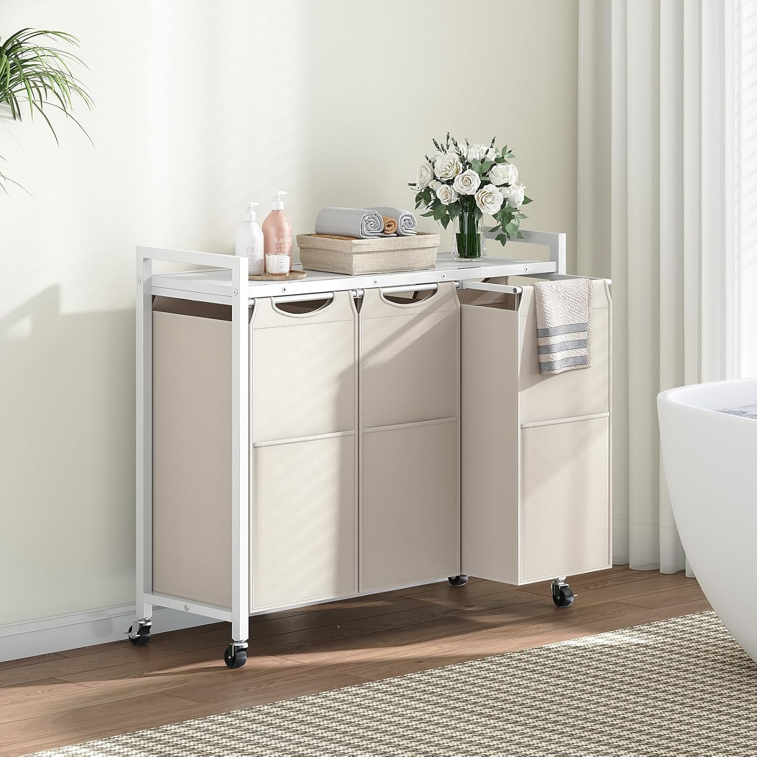 HOOBRO Laundry Sorter 3 Section, Laundry Hamper with Wheels, 3 × 11.5 Gal (43.4L), Rolling Laundry Basket, Pull-Out and Removable Oxford Fabric Bags, White WG76XY01