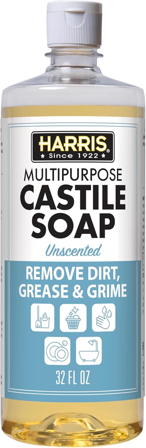 HARRIS Multi-Purpose Pure Liquid Castile Soap for Home Cleaning, Multi-Purpose Cleaner, For Dish Soap, Laundry Detergent, Kitchen and Bathroom Surfaces, Kids Rooms, Unscented, 32 Oz